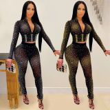 Sexy Hot Drilling See Through Long Sleeve 2 Piece Sets BY-5206