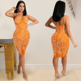 Sexy Hot Drilling Mesh Spaghetti Strap Night Club Dress BY-5380