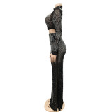 Hot Drilling Mesh Long Sleeve Maxi Skirt 2 Piece Suits BY-5379