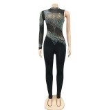 Sexy Hot Drilling Patchwork One Shoulder Jumpsuit BY-5336