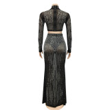 Hot Drilling Mesh Long Sleeve Maxi Skirt 2 Piece Suits BY-5379