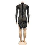 Sexy Mesh Hot Drilling Pearls Tassel Long Sleeve Club Dress BY-5216