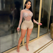 Sexy Hot Drilling See Through Long Sleeve Romper (With Underpants)BY-5165