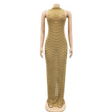 Sexy Hot Drilling See Through Backless Club Maxi Dress BY-5259