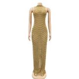 Sexy Hot Drilling See Through Backless Club Maxi Dress BY-5259