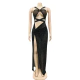 Sexy Mesh Hot Drilling Hollow Bandage Split Long Club Dress BY-5349