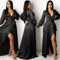 Sexy V Neck Long Sleeve Split Maxi Dress BY-5373