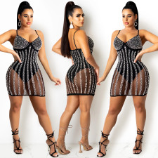 Sexy Hot Drilling Pearls Spaghetti Strap Club Dress BY-5238