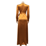 Sexy V Neck Long Sleeve Split Maxi Dress BY-5373
