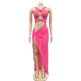 Sexy Mesh Hot Drilling Hollow Bandage Split Long Club Dress BY-5349