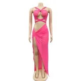 Sexy Mesh Hot Drilling Hollow Bandage Split Long Club Dress BY-5349