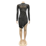 Sexy Mesh Hot Drilling Pearls Tassel Long Sleeve Club Dress BY-5216