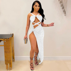 Sexy Mesh Hot Drilling Hollow Bandage Split Long Club Dress BY-5349