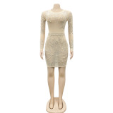 Sexy Hot Drilling Pearls Mesh Backless Club Dress BY-5330