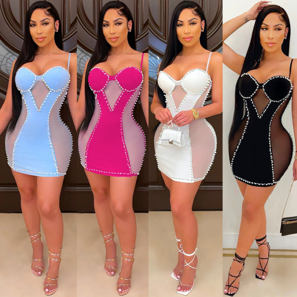 Sexy Pearls Beading Mesh Pathwork Club Dress BY-5047