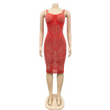 Sexy Hot Drilling Mesh Spaghetti Strap Night Club Dress BY-5380