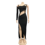 Sexy One Shoulder Hollow Irregular Split Maxi Dress BY-5054