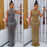 Sexy Hot Drilling See Through Backless Club Maxi Dress BY-5259