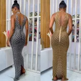 Sexy Hot Drilling See Through Backless Club Maxi Dress BY-5259