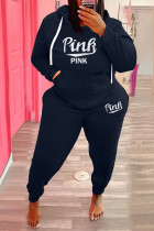 Plus Size Pink Letter Fleece Hooded 2 Piece Pants Set WAF-77360P330