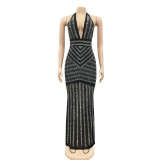 Sexy Hot Drilling Deep V Halter Maxi Evening Dress BY-3816
