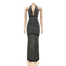 Sexy Hot Drilling Deep V Halter Maxi Evening Dress BY-3816