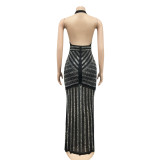 Sexy Hot Drilling Deep V Halter Maxi Evening Dress BY-3816