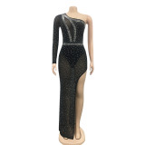 Sexy Hot Drilling Mesh One Shoulder Irregular Long Club Dress BY-5028