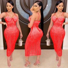Plus Size Shiny Hot Drilling Spaghetti Strap Club Dress BY-3805