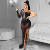 Sexy Hot Drilling Mesh One Shoulder Irregular Long Club Dress BY-5028