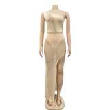 Sexy Hot Drilling Mesh One Shoulder Irregular Long Club Dress BY-5028