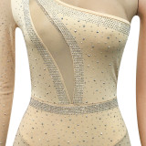 Sexy Hot Drilling Mesh One Shoulder Irregular Long Club Dress BY-5028