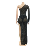 Sexy Hot Drilling Mesh One Shoulder Irregular Long Club Dress BY-5028