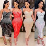 Plus Size Shiny Hot Drilling Spaghetti Strap Club Dress BY-3805