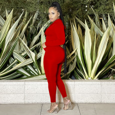 Solid Hooded Zipper Long Sleeve 2 Piece Pants Set TE-4360