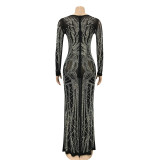 Sexy Mesh Hot Drilling Long Sleeve Maxi Club Dress BY-5002