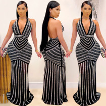Sexy Hot Drilling Deep V Halter Maxi Evening Dress BY-3816