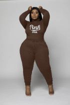 Plus Size Pink Letter Print Long Sleeve 2 Piece Sets WAF-77353P113