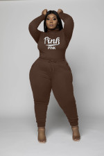 Plus Size Pink Letter Print Long Sleeve 2 Piece Sets WAF-77353P113