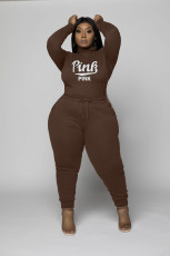 Plus Size Pink Letter Print Long Sleeve 2 Piece Sets WAF-77353P113
