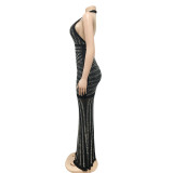 Sexy Hot Drilling Deep V Halter Maxi Evening Dress BY-3816