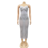Plus Size Shiny Hot Drilling Spaghetti Strap Club Dress BY-3805