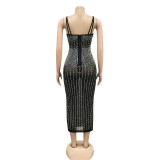 Plus Size Shiny Hot Drilling Spaghetti Strap Club Dress BY-3805