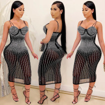 Plus Size Shiny Hot Drilling Spaghetti Strap Club Dress BY-3805