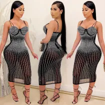 Plus Size Shiny Hot Drilling Spaghetti Strap Club Dress BY-3805