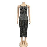 Plus Size Shiny Hot Drilling Spaghetti Strap Club Dress BY-3805