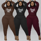 Plus Size Pink Letter Print Long Sleeve 2 Piece Sets WAF-77353P113