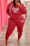 Plus Size Pink Letter Fleece Hooded 2 Piece Pants Set WAF-77360P330