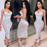 Plus Size Shiny Hot Drilling Spaghetti Strap Club Dress BY-3805