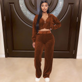 Velvet Hooded Zipper Coat Straight Pants 2 Piece Sets MOF-6661